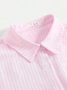Teen Girls Blouses - Pink, Fitted, Curved Hem, Textured Shirt, Striped Shirt, Collegiate Shirt, Pink Shirt, Versatile All-Match Shirt, Teenage Girl Shirt Fall Winter