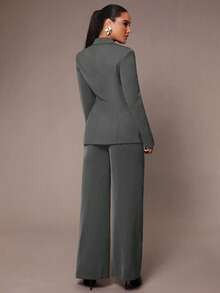 Silquee Conjunto de traje elegante de oficina para mujer, unicolor negro, diseño ajustado con blazer avanzado + pantalones anchos simples. Conjunto de traje adecuado para Acción de Gracias, Navidad, Año Nuevo. Traje de pantalón ancho para mujer.