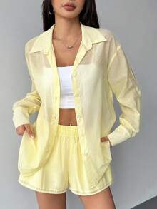 Flirla 女士新款休闲日常装两件套，百搭长袖纽扣衬衫和松紧腰宽松短裤 - 黃色 - 查看 2