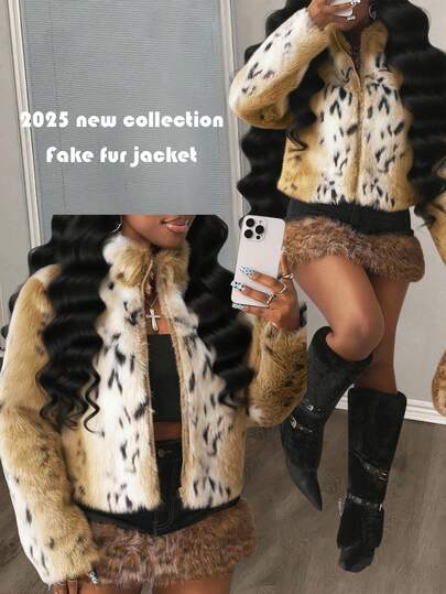 Slaydiva New Autumn, Autumn And Winter Daily Date, Commuting, Business Lady, Elegant Cruise, Party, Simple, Internet Celebrity Hit, Birthday Party, High-End Party, Stand-Up Collar, Zipper Decoration, Long-Sleeved, Loose Style, Leopard Print Gradient Plush Fabric Coat, Short Coat, Women's Faux Fur Coat -A