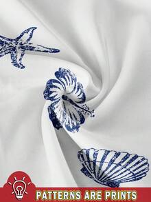 SHEIN Attitoon Áo ba lỗ cổ tròn in họa tiết vỏ sò xanh và hoa dâm bụt cho nữ phong cách thường ngày & nghỉ dưỡng, phù hợp cho mùa hè, nghỉ dưỡng, bãi biển - trắng - Xem 3