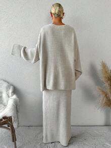 Drop Shoulder Sweater & Knit Skirt Without Belt - Beige - View 2