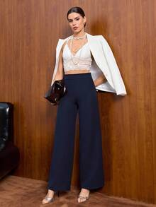 EURMUSE 女士纯色拉链阔腿裤 - 藏蓝色 - 查看 3