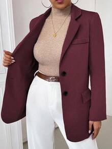 Chiquease 休闲百搭通勤纯色常规肩部西装外套 - 酒紅色 - 查看 6