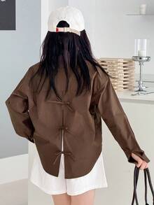 DAZY Tween Girls Casual Shirt With Backside Cutout And Bow Design, Versatile And Fashionable For Everyday Wear Long Sleeve Tops Girl - Brown - View 3