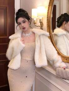 DAZY 女士毛绒领中长款外套，秋冬款 Y2k 夹克 - 米色 - 查看 5