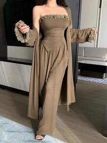 DAZY 三件套家居服：浪漫3D立体花卉装饰不对称下摆抹胸上衣、宽松长款系带睡袍和长裤家居服套装，秋冬睡衣，舒适休闲装 - 卡其色 - 查看 8