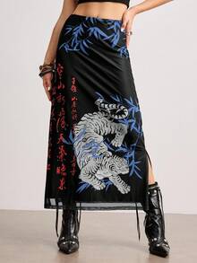 ROMWE Avant 中国风老虎与竹叶书法印花开衩女裙 - 彩色 - 查看 5
