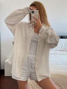 Livesso Casual Vintage Coin Loose Striped Long Sleeve Women Shirt, Spring/Summer - Apricot - View 4