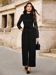 EMERY ROSE Women Jumpsuits Berikat Kontras Lace Zip Plain Anggun - Hitam - View 6