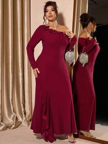 Cravure Plus Size Women Solid Color 3D Floral Decor Asymmetric Shoulder Long Sleeve Fishtail Hem Elegant Dress