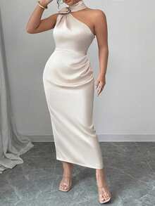 Elenzga 大码不对称缎面荷叶边连衣裙，优雅分层紧身性感连衣裙，适合多种场合，春夏季别致度假连衣裙 - 杏色 - 查看 4