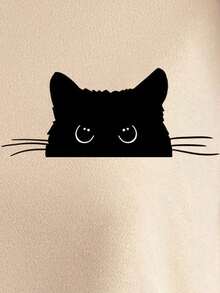 SHEIN EZwear 黑猫偷看可爱图案印花休闲宽松圆领长袖厚款卫衣套头衫女款，适合秋冬季 - 卡其色 - 查看 8