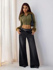 SHEIN PETITE Women's Autumn Patchwork Faux Shearling Collar Zip Front Cropped Slim Fit Lightweight Jacket Winter Tops Women Crop Top Jacket Fur Trim Top Women Crop Jacket Ribbed Crop Top - Army Green - View 7