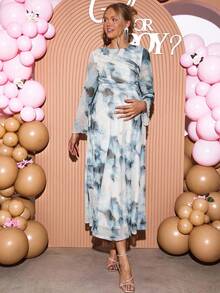 Loomaby 优雅扎染印花喇叭袖孕妇装 - 淺藍色 - 查看 5