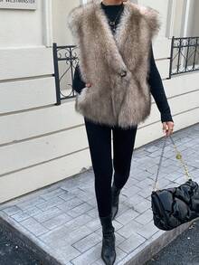 DAZY 女士 V 领宽松休闲无袖蓬松背心冬季夹克背心仿皮草大衣 - 駝色 - 查看 3