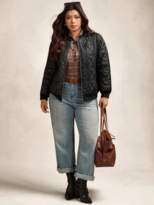 Zelara Plus Size Solid Color Casual Warm Jacket, Autumn/Winter Plus Size Jackets Quilted Bomber Jacket Women Quilted Jackets Plus Size Quilted Jacket Plus Size Bomber Jacket Plus Size Winter Clothes Plus Size Fall Clothing Women Jackets Black Jacket Women Women Jackets - Black - View 4