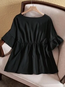 EMERY ROSE 大码夏季乡村纯色 V 领荷叶边下摆休闲衬衫，夏季 - 黑色 - 查看 2