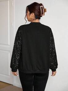 SHEIN Essnce Áo khoác bóng chày thường ngày tay dài có khóa kéo, họa tiết chắp vá kim sa trơn màu cỡ lớn dành cho nữ, mùa thu - màu đen - Xem 2