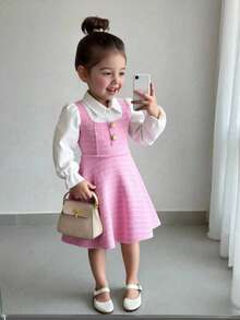 SHEIN Young Girl Woven Contrast Color Puff Sleeve 2 In 1 Dress Fall Winter - Pink - View 9