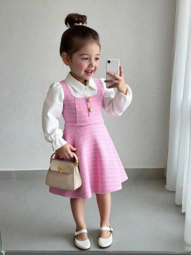 Young Girl Woven Contrast Color Puff Sleeve 2 In 1 Dress Fall Winter - Pink - View 9