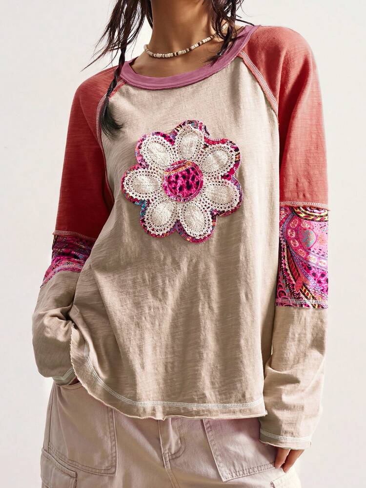 Bohemela Plus Size Women Floral Applique Contrast Color Round Neck Raglan Sleeve Casual T-Shirt - Multicolor - View 3
