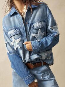 Bohemela 女士休闲宽松纽扣口袋长袖衬衫 - 藍色 - 查看 5