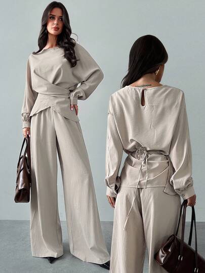 Firerie 2枚セット レディース エレガントな無地ラップブラウス/シャツ とエラスティックウエストパンツ、非対称裾シャツとトラウザーセット、通勤、仕事着、デイリーウェア、春夏