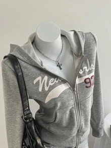Elamini 女士灰色纽约市名称及号码92印花图案开襟口袋长袖罗纹拉链卫衣，休闲舒适百搭的秋冬外套 - 灰色 - 查看 6