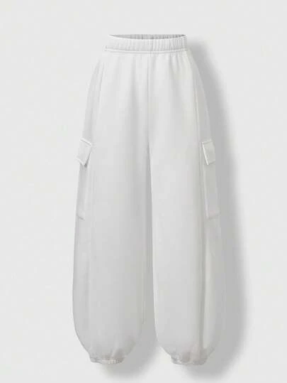 SHEIN Explorewe 1件装男童白色保暖休闲运动裤，韩版风格，侧边口袋，锥形裤腿，适合秋冬季节、通勤、居家、户外活动等多种场合，保暖舒适，适合返校、秋季、万圣节、圣诞节等各种场合。