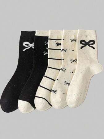 5 Pairs Black & White Bowknot Mid-Calf Socks, Minimalist Fashion Casual Socks For Everyday Wear