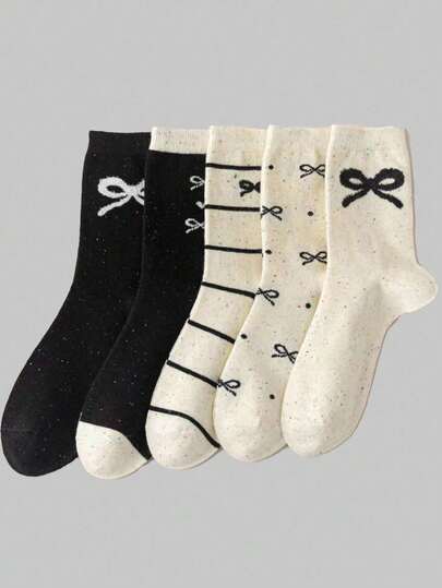 5 Pairs Black & White Bowknot Mid-Calf Socks, Minimalist Fashion Casual Socks For Everyday Wear
