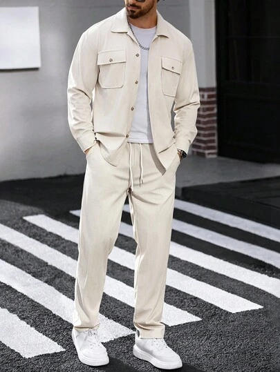 Manfinity CasualCool 男士灯芯绒长袖工作衬衫和裤子两件套，秋季服装