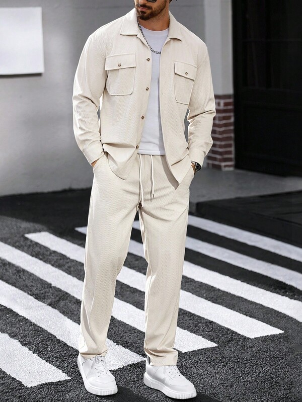 Manfinity CasualCool 2pcs Set Men Corduroy Long Sleeve Work Shirt & Pants, Fall Clothes