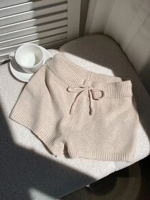 Comfortcana 高腰松紧带休闲百搭纯色针织短裤，秋季 - 杏色 - 查看 4