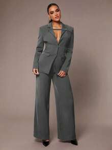 Silquee Conjunto de traje elegante de oficina para mujer, unicolor negro, diseño ajustado con blazer avanzado + pantalones anchos simples. Conjunto de traje adecuado para Acción de Gracias, Navidad, Año Nuevo. Traje de pantalón ancho para mujer.