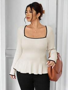 SHEIN Frenchy Sweater Rajut A-Line Leher Persegi Warna Kontras Minimalis Kasual untuk Wanita Ukuran Plus, Serbaguna untuk Musim Gugur/Musim Dingin - Krem - View 4
