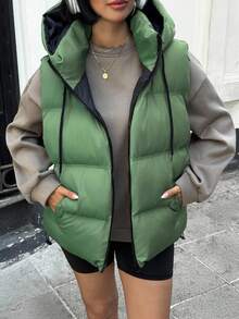 EURMUSE Women Solid Color Zipper And Pocket Detailed Winter Vests Y2k - Green - View 6