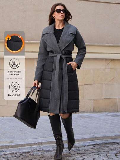 SHEIN Cappotto imbottito lungo con patchwork per donne taglie forti, adatto per l'autunno e l'inverno