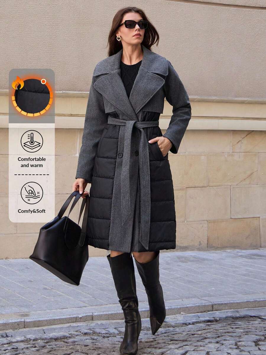 SHEIN Tall Tall Size Women Long Padded Patchwork Coat For Autumn And Winter - Black - View 1