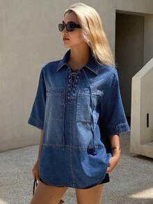 DAZY Áo sơ mi denim rách, rộng rãi, thoải mái dành cho nữ, Thu/Đông - Màu xanh lam - Xem 3