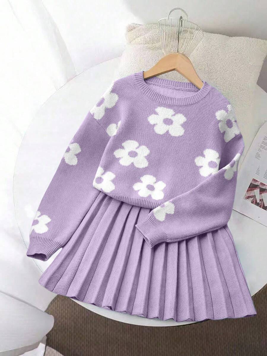 SHEIN 少女甜美百搭圆领蓝色毛衣搭配碎花百褶裙,适合居家、外出、派对、返校季等秋冬季穿着。 - 紫色 - 查看 1
