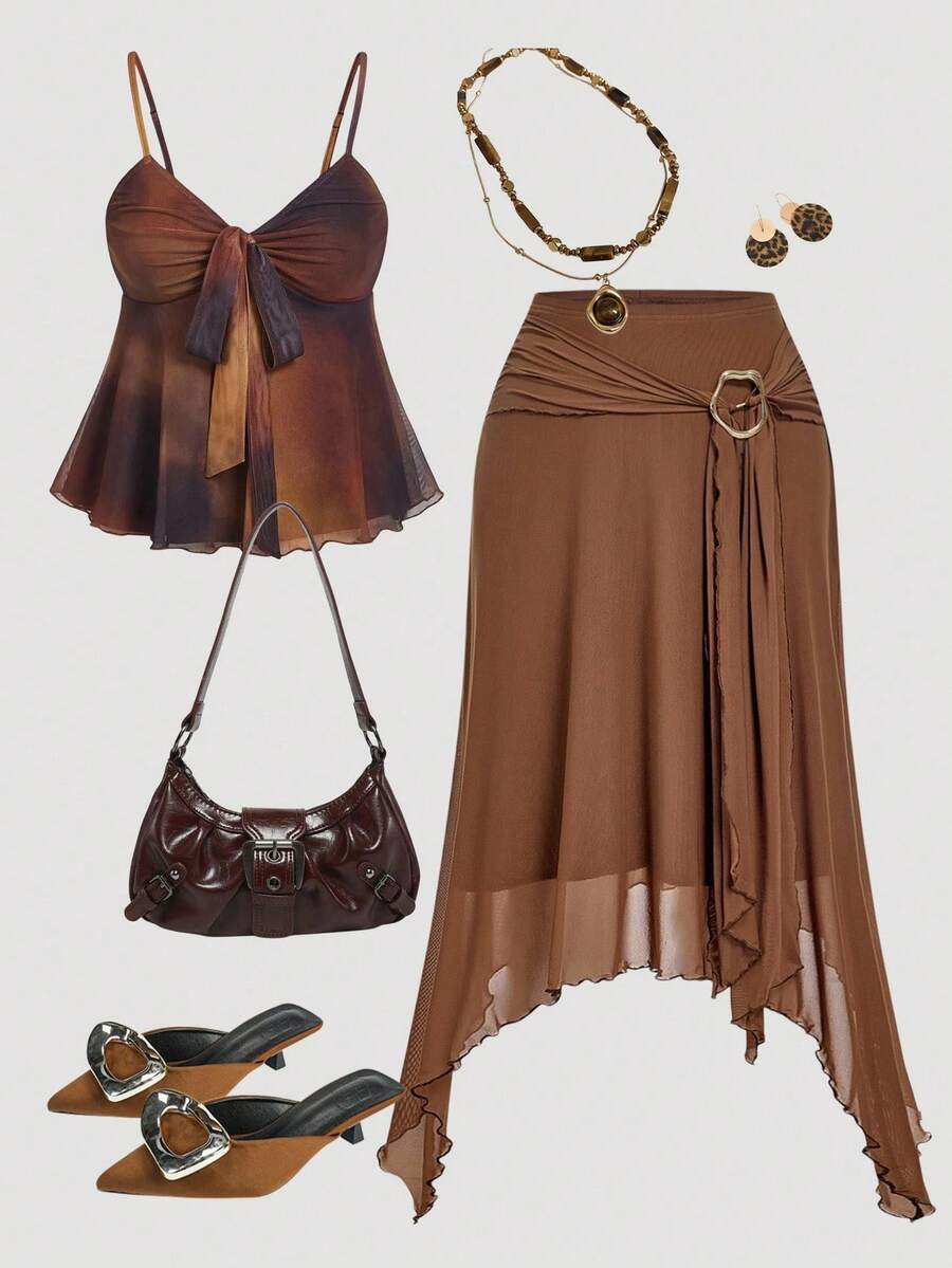 SHEIN MOD 大码女式棕色金属扣细节波西米亚风半身裙，度假装扮，西式女装，沙滩度假装，夏季女装，不对称半身裙 - 棕色 - 查看 1