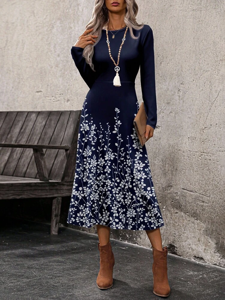 Women's Floral Print Long Sleeve Dress Navy Blue Floral Dress Blue Floral Print Dress Long Sleeve Midi Dress Elegant Floral Midi Dress Women Elegant Navy Dress