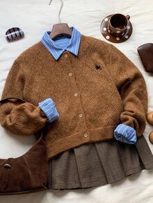 Comfortcana 2025新款极简主义秋冬女式休闲刺绣细节时尚开衫，秋冬乡村风女式外出棕色毛衣 - 綠色 - 查看 3