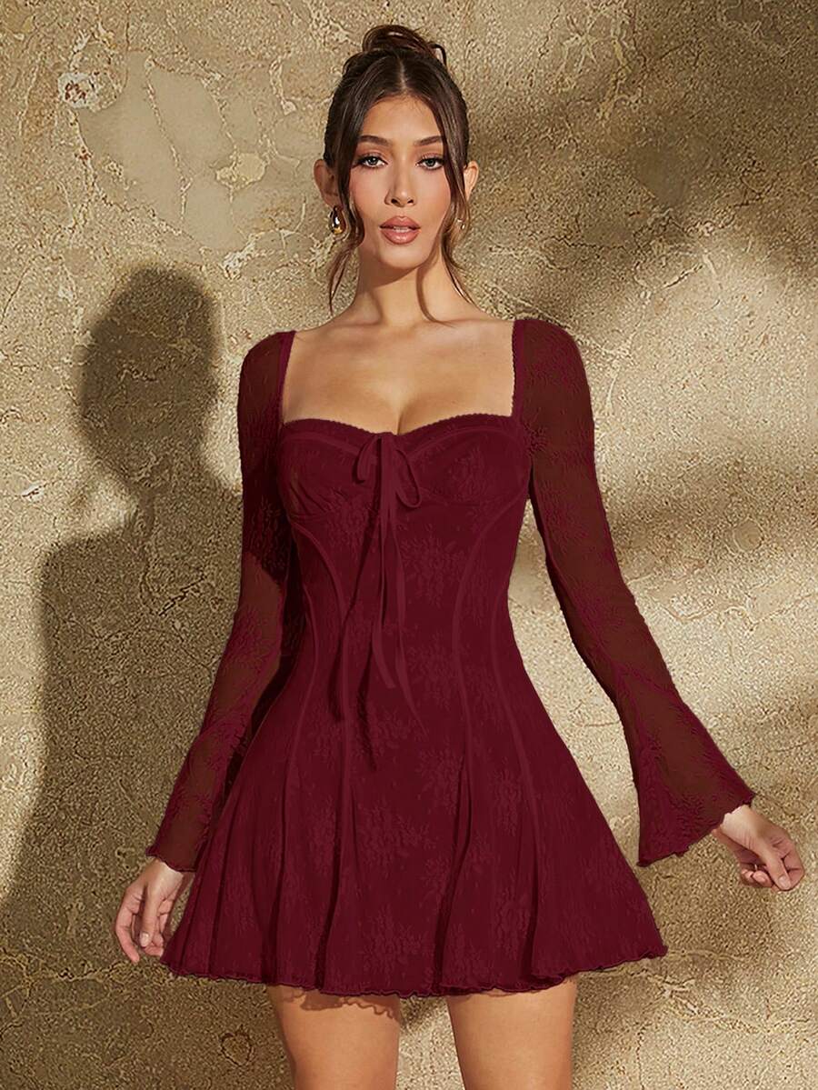 SHEIN BAE Váy ren viền bèo nhún cho nữ - Màu Đỏ Sâu - Xem 1