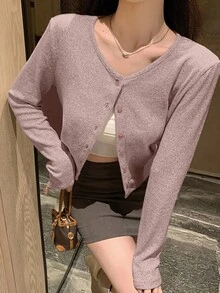 DAZY 女士休闲纯色圆领长袖宽松开襟T恤，秋季服装 - 粉色 - 查看 3