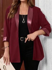 EMERY ROSE Plus Size Women's Casual Personalized Patchwork Leather Jacket, Spring/Autumn - Burgundy - View 3