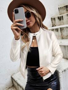 SHEIN Clasi Chaqueta de cuero corta de unicolor versátil y de moda, otoño