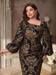 Aureia Plus Size Autumn And Winter Elegant And Gorgeous Black And Gold Yarn-Dyed Jacquard Satin Asymmetrical Collar Bubble Lantern Sleeves Pleated Slim Fishtail Hem Suitable For Dinner Bachelorette Party Date Dance Holiday Wedding Event Birthday Cocktail Dress